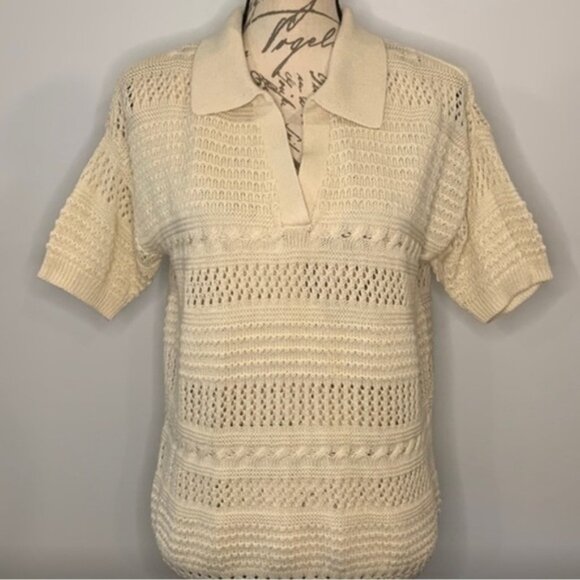Joie short sleeve open knit crochet collared sweater ivory/cream M - Picture 1 of 7
